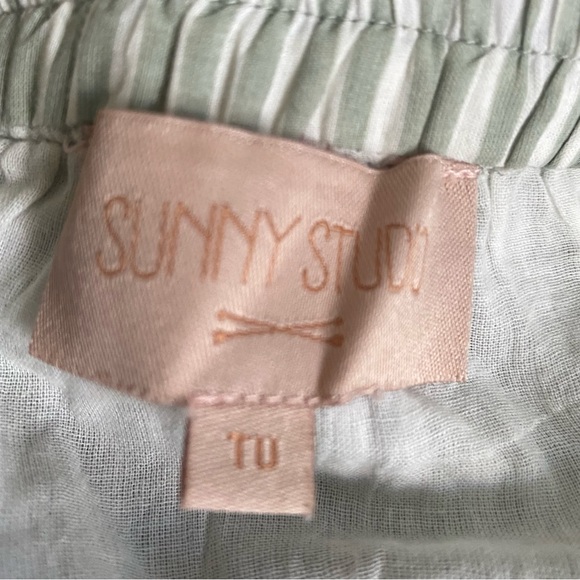 Sunny Studio Mint Green Striped Knee Length Skirt Pom Pom Tie Womens Size M/L - Picture 2 of 6